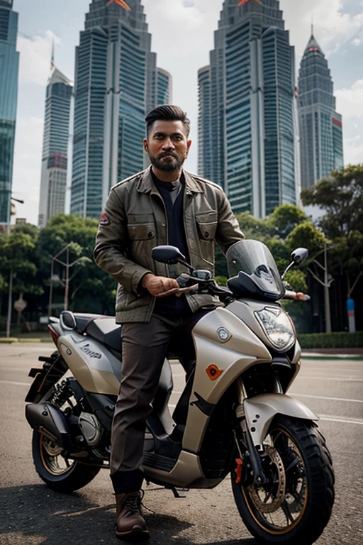 42 years old Malay men, with beard, no moustach, grey hair with undercut Haircut style dressing up for work with khaki pant and Red Wing boots. The work jacket have HAFIZ name patch on it. He  posing beside his Black Yamaha Nouvo MX Scooter with KLCC as background