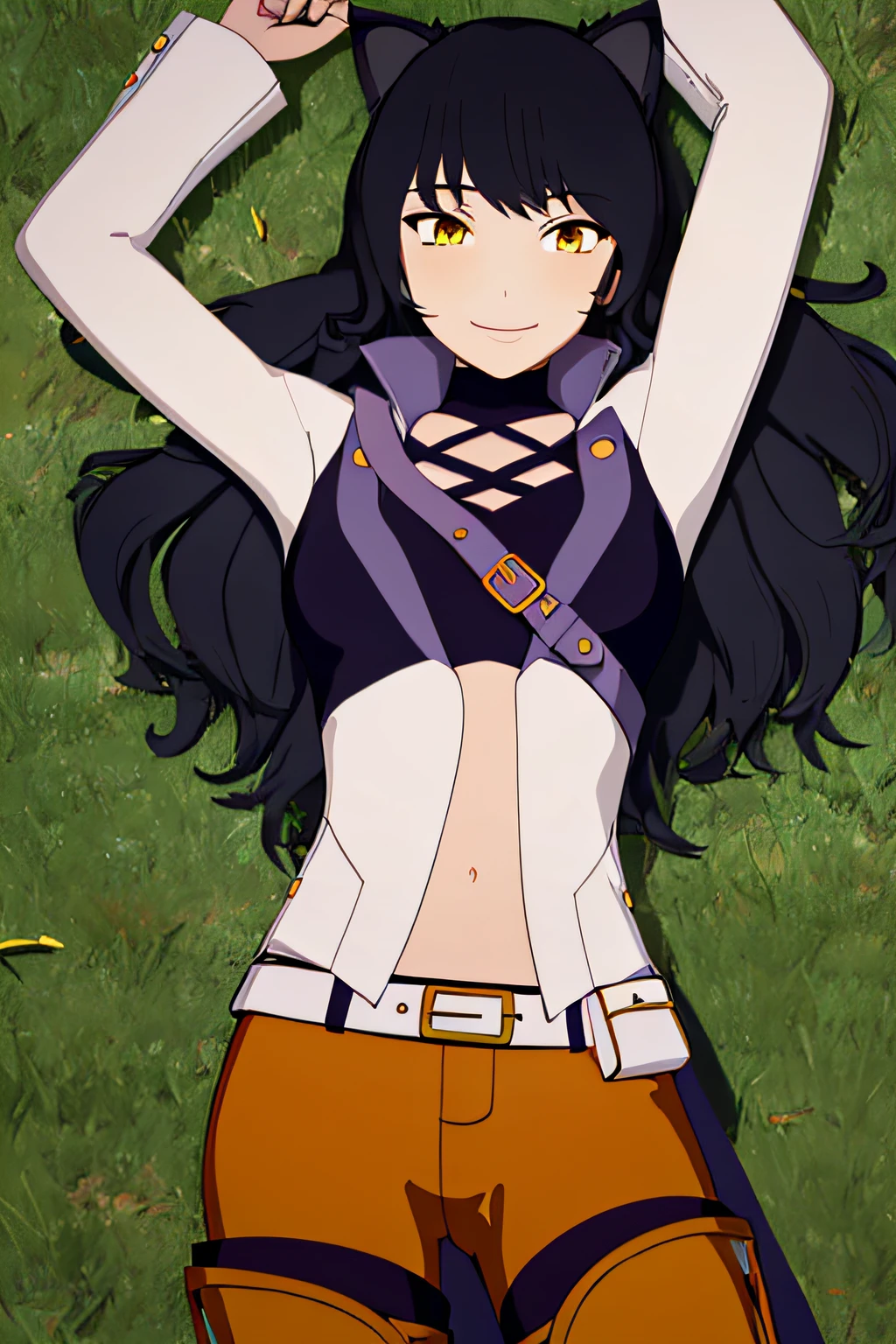 ((masterpiece,best quality)), 
Blake_RWBY,   1girl, solo, black hair, long hair, cat ears, animal ears, yellow eyes,
 belt, midriff, pants, jacket, 
solo, smiling, looking at viewer, solo, smile, cowboy shot, lying, on back, on grass, arms up, blue pants. closed mouth,
cinematic composition,