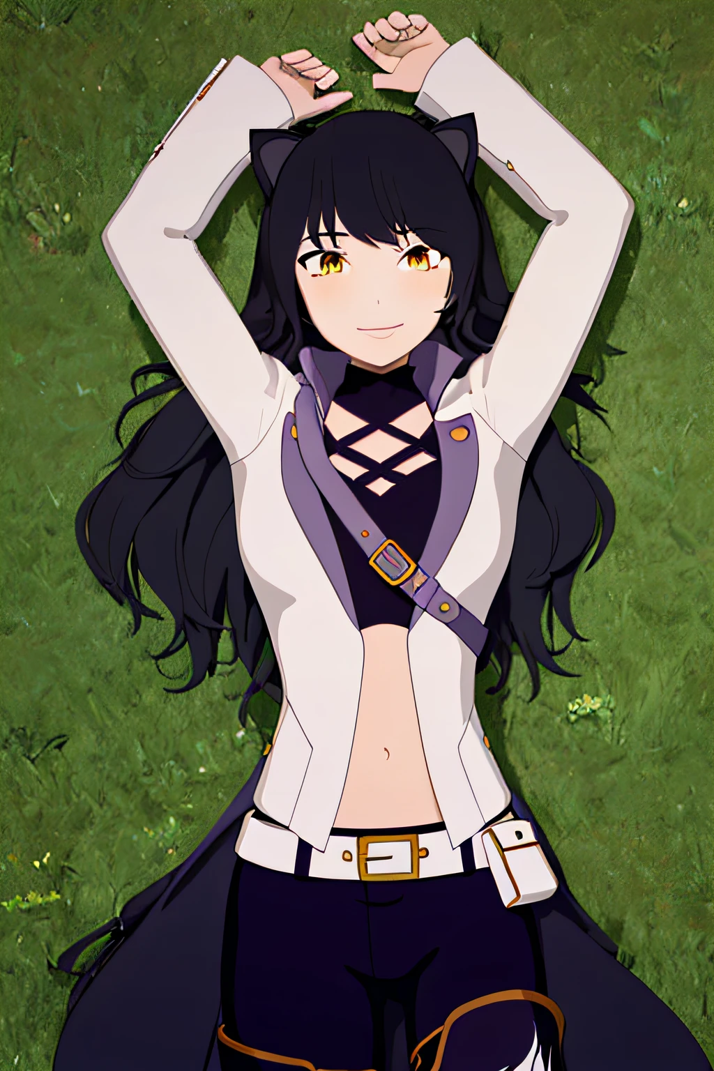 ((masterpiece,best quality)), 
Blake_RWBY,   1girl, solo, black hair, long hair, cat ears, animal ears, yellow eyes,
 belt, midriff, pants, jacket, 
solo, smiling, looking at viewer, solo, smile, cowboy shot, lying, on back, on grass, arms up, blue pants. closed mouth,
cinematic composition,