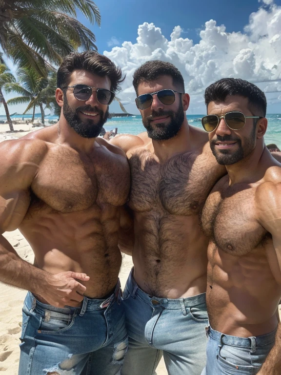 A three muscular Soviet Union soldiers on vacation, hairy body, alpha male, huge biceps, ripped abs, shaggy hair, jeans, caribbean sunny morning, white sand beach, snuggle together, threesome, smile, 4k, high detailed, beautiful, dark age, art by Stanley artgerm, by Daniel f gerhartz, by pino daeni, highly detailed, sharp focus.