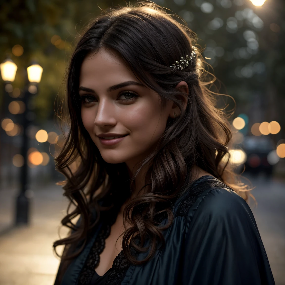 (foco nítido:1.2), Foto, joven y atractiva KariDulcecara hermosa:1.1), ojos detallados, labios deliciosoaquillaje de ojos de gato:0.85), (They are smiling:1.2), Vistiendo (vestido:1.2) en un (Calle nocturna:1.2). (moody lighting:1.2), Profundidad de campo, Bokeh, 4k, HDR. por (James C. Christensen:1.2|Jeremy Lipking:1.1).
