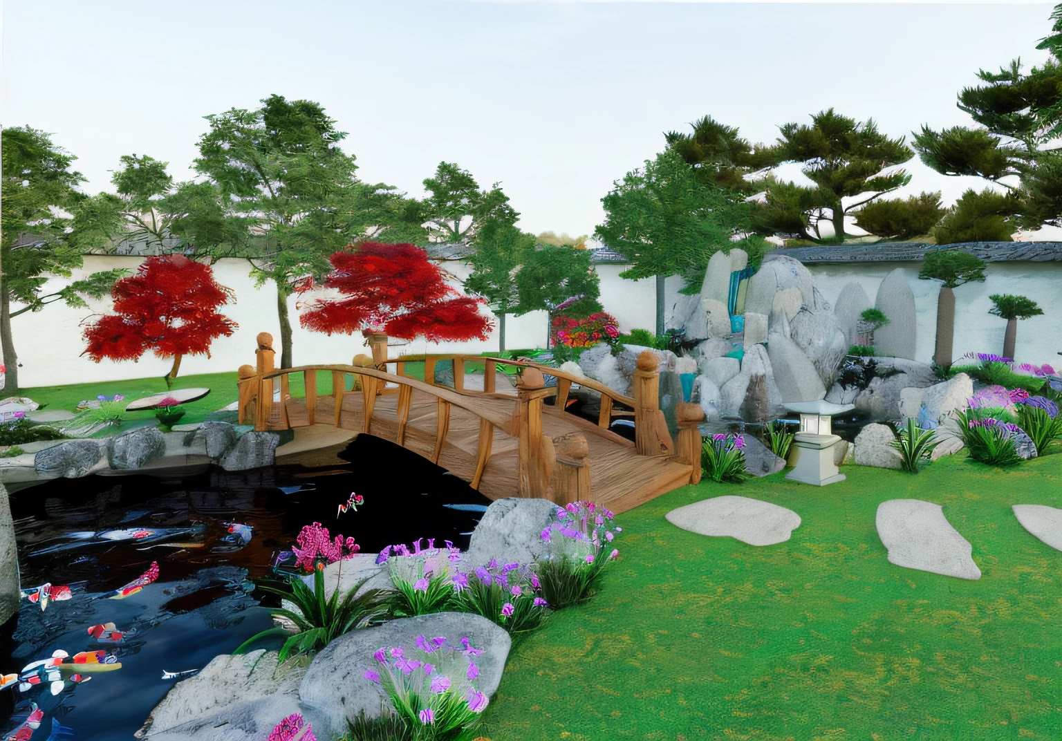 there  a small bridge over a pond with a bridge over it, realistic garden, japanese garden, fully detailed render, enscape render, very detailed render, garden landscape, realistic fantasy render, highly detailed 3 d render, highly detailed 3d render, 3d landscape, 3 d landscape, highly detailed render, rendered in lumion pro, detailed rendering