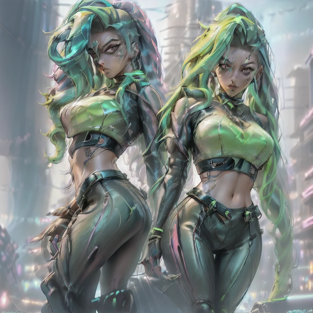 1 girl , artificial eye , artist name , ass , black hairband , breasts , coloured sclera , colourful , cowboy shot , glooz art , green hair , hairband , huge ass , long hair , looking back , mechanical eye , medium breasts , , orange eyes , orange sclera , shiny skin , solo , twin tails