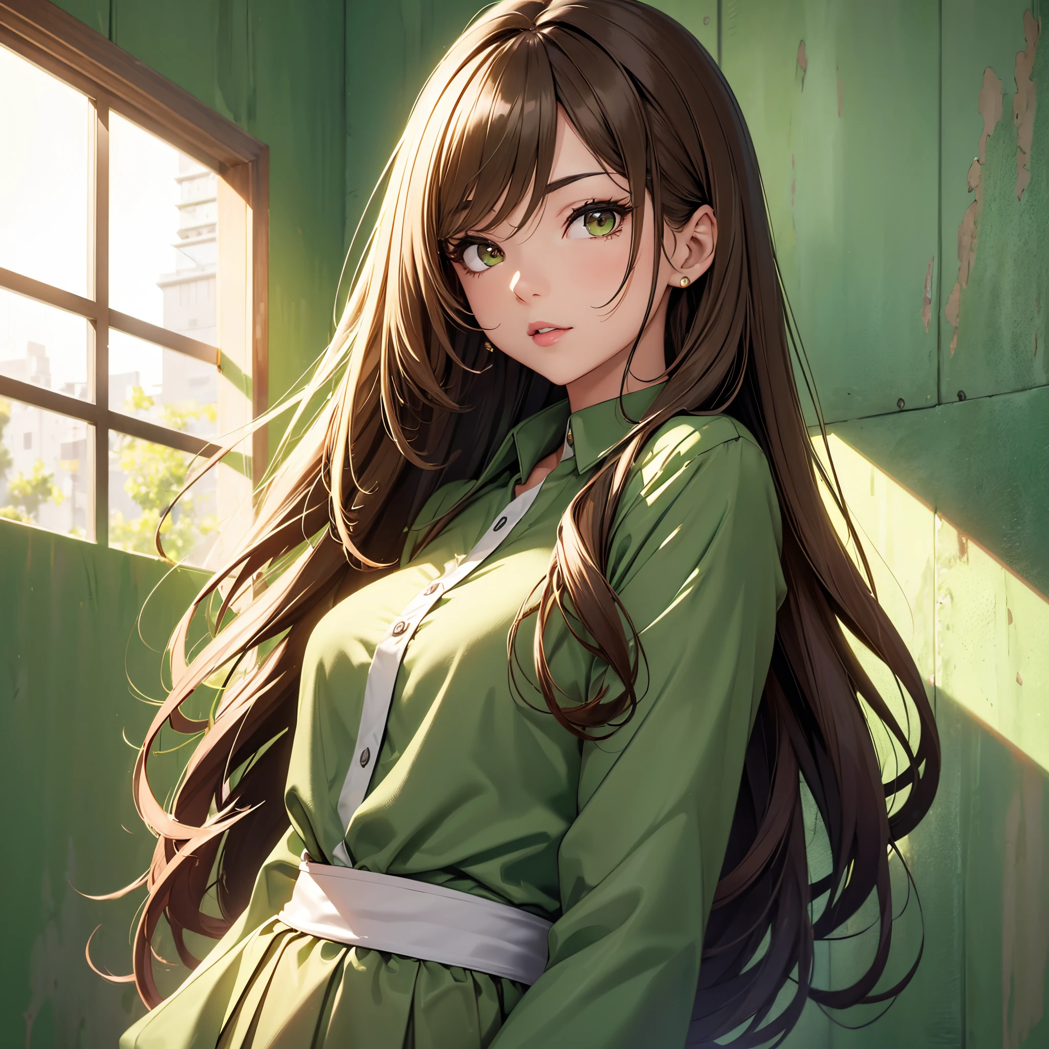 Ultra High Definition,
ultra-definition,
hyperdefined,
hyper quality,
Hyper Detail,
Extremely detailed,
perfect details,
Masterpiece,
8K,
1 mature female employee,
アニメ,
Light brown long straight hair hairstyle,
light brown eyes,
beautiful, Lipstick, eyeshadows,
wear a woman'Blouses and skirts, Office worker attire,
body shot,
(((Background with: green painted wall)))