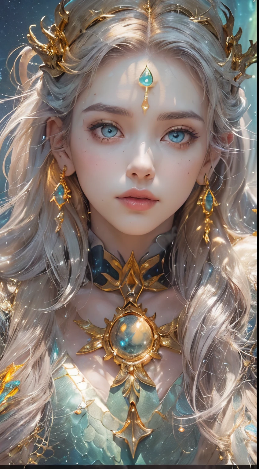 ((sword in hand:1.8)), (award-winning masterpiece, with incredible detail, textures and maximum detail), (full body view:1.6), (hyper realistic:1.4), (realistic:1.3), (upper body close-up:0.4), (many gold and silver treasures are sunken: 1.8), ( Top Quality Real Texture Skin), (((Underwater))), (Deep Sea: 1.5), (Dark Sea at Night: 1.6)), (Detailed True Circle Symmetrical Eye-Catching Exquisite Face, ((Medieval World)), (Full Length View: 1.6)), ((Mermaid)), ((Mermaid Prince Mermaid Noble)), (Eyes Burning Brightly Like Flames ), (she smiles mischievously), (sunken ship with treasures:1.4), (sunken temple on coral reef), (sunken temple, sunken cathedral, sunken temple ruins, sunken detached temple, sunken ruins of ancient castle, shining majestic water and light, coral reef, (eyes glowing golden in the dark:1.5), (eyes with a strong inner (strong golden light from within:1.5), (bioluminescence:1.5), (full body view:1.6), (swirling water currents and currents in background), (dramatic light), (magnificent scene), (her expression is gentle and beautiful), glass earrings in ears, (dramatic photo:1.4), (( dramatic pose))), (gorgeous photograph), (golden hair), (silver hair), (chestnut hair), (full body view:1.6), ((examining)), ((looking down)), (elaborately crafted necklace around her neck), (bioluminescent with brilliant sparkle:1.3), (flashy Hydromagic: 1.2), (beautiful fish in surrounding area), (luminous magic circle: 1.5), (full body view: 1.6), epic realistic, faded, art book, (Greg Rutkowski: 0.8), (teal and orange: 0.4), (art station: 1.5), cinematic ((neutral hues)), (ticker:1.5), (muted colors:1.2), hyperdetailed, dramatic light, (elaborate detail:1.1), complex background, (muted colors:1.2)