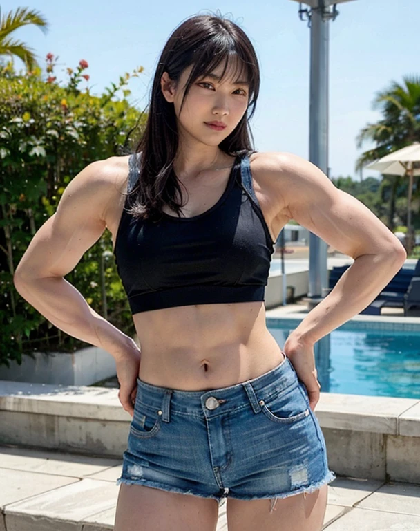 Bodybuilder Women、One lady、macho、square、well-muscled、six packs、shortpants、suns、large boob、hotpants、short length denim、The skin、thick arms、Developed muscles、big butts、Black Tank Top