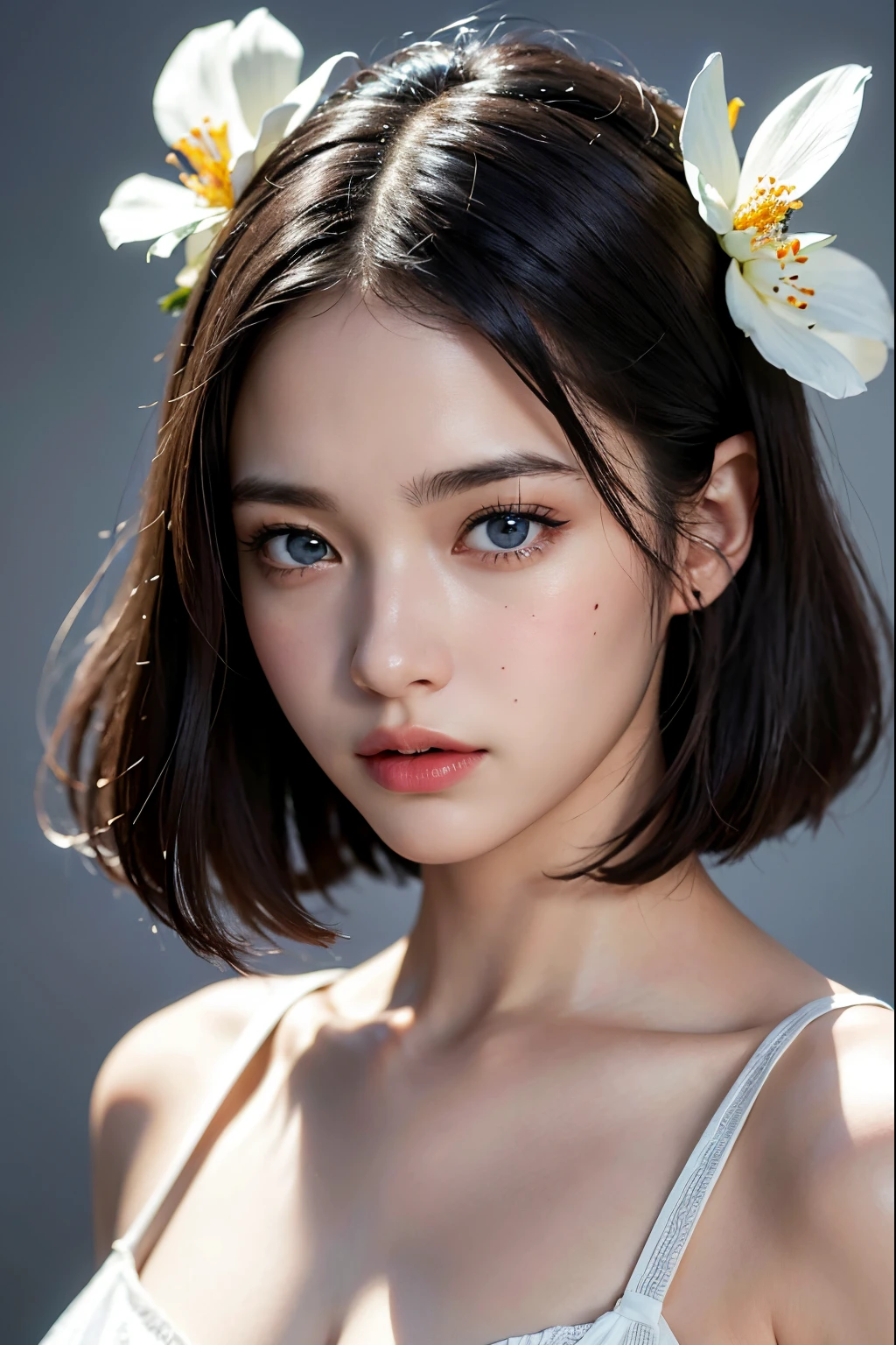 high quality,masterpiece,extremely detailed,high res,4k,ultra high res,detailed shadow,ultra realistic,realistic,dramatic lighting,1girl,solo,detailed face,realistic eyes,realistic skin, black hair,dynamic pose, dynamic angle, white flowery dress, long hair cut, blue eyes white background