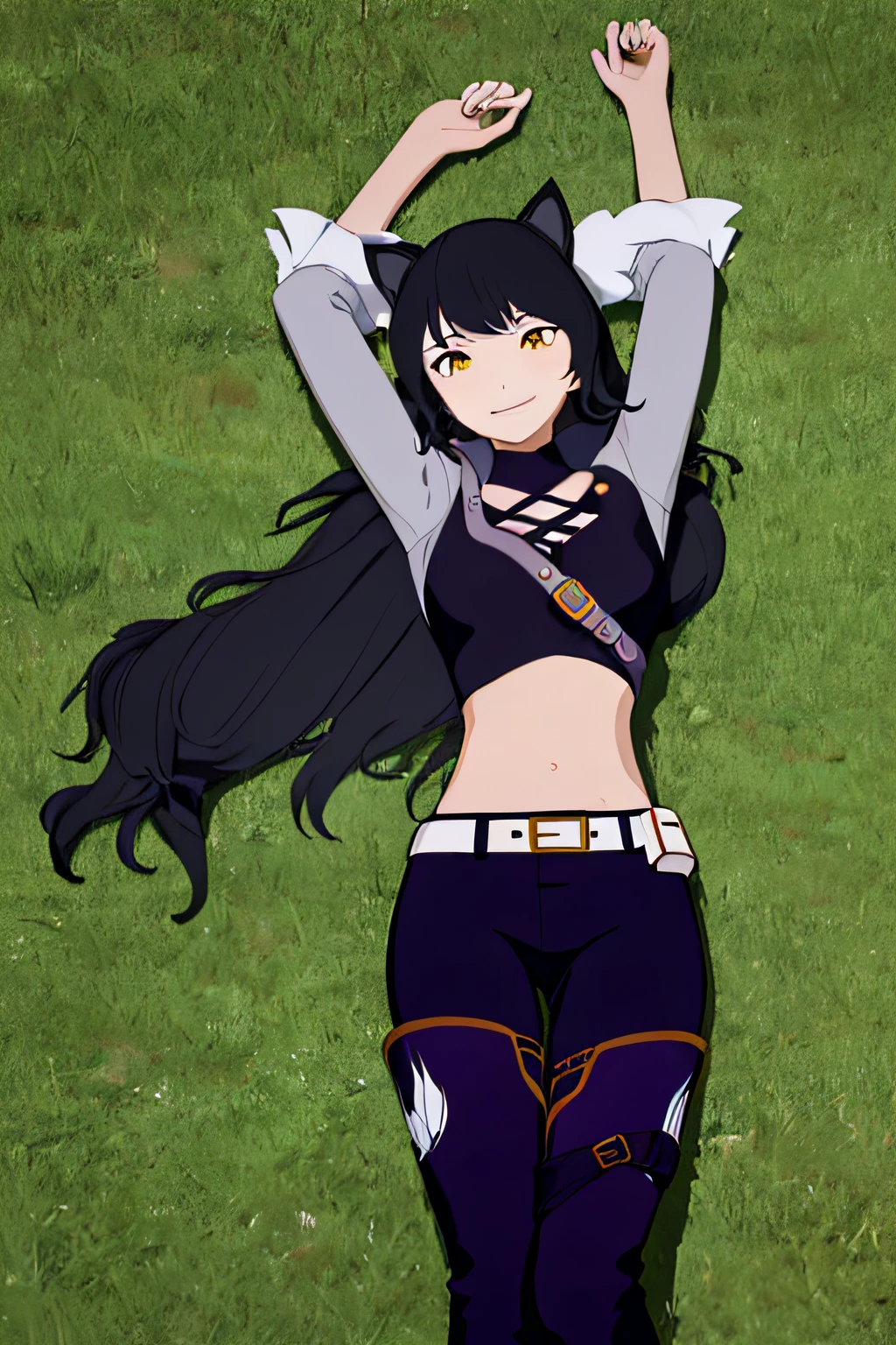 ((masterpiece,best quality)), 
Blake_RWBY,   1girl, solo, black hair, long hair, cat ears, animal ears, yellow eyes,
 belt, midriff, pants, jacket, 
solo, smiling, looking at viewer, solo, smile, cowboy shot, lying, on back, on grass, arms up, blue pants. closed mouth,
cinematic composition,