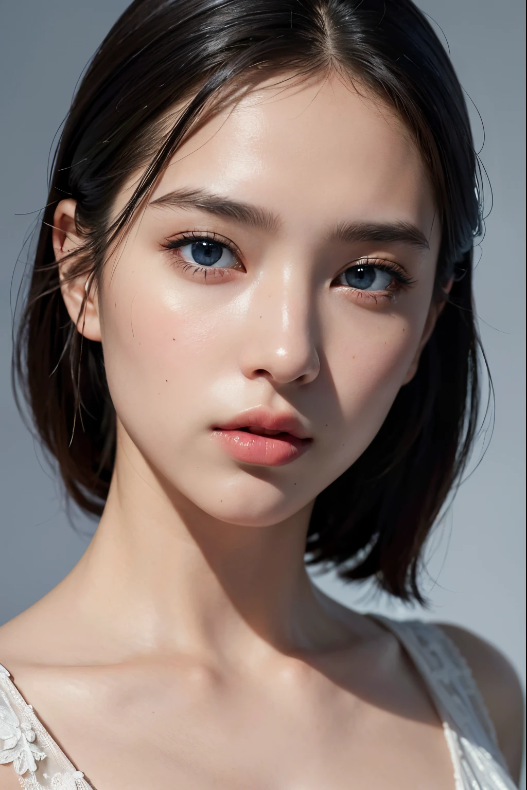 high quality,masterpiece,extremely detailed,high res,4k,ultra high res,detailed shadow,ultra realistic,realistic,dramatic lighting,1girl,solo,detailed face,realistic eyes,realistic skin, black hair,dynamic pose, dynamic angle, white flowery dress, long hair cut, blue eyes white background