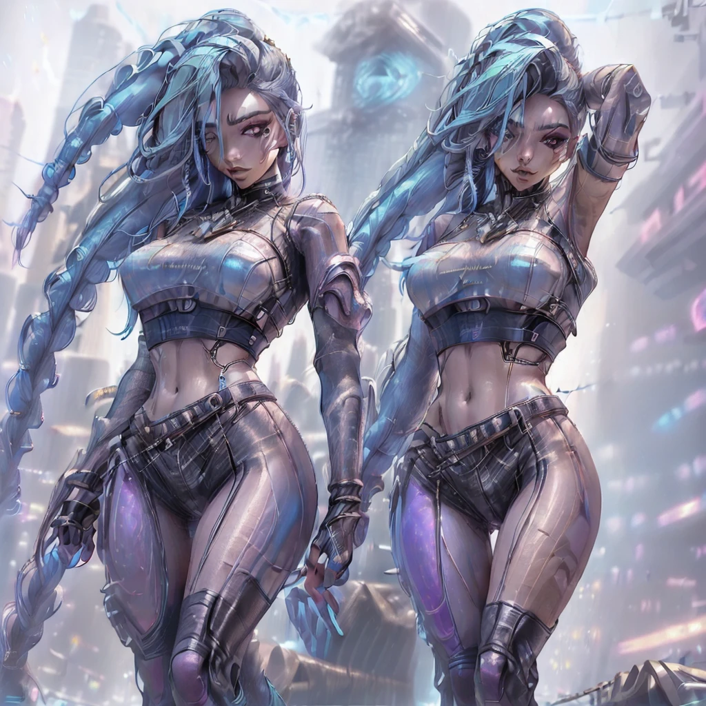 shiny eyes, looking at viewer, [:(detailed face:1.2):0.2], Jingyi with long hair, high res, 1girl, (:1.2), greek, Tongliya, (masterpiece:1.4),(best quality:1.4), 1girl, bangs, beach, naked, blue sky, blush, breasts, cleavage, covered nipples, curvy, day, small breasts, lips, long hair, looking at viewer, navel, parted lips, skindentation, duo, thick thighs, thighs, very long hair, realistic, (oily skin:1.2), good hand, highly detailed, (A highly-detailed digital painting of a fierce and futuristic cyberpunk woman, with slicked-back bright blue hair and glowing augmented eyes, standing in the street of a dystopian metropolis. She's dressed in a mix of high-tech armor and punk-inspired clothing, with multiple cybernetic enhancements visible on her arms and legs. Her expression sultry, enticing a male. The city surrounding her full of vibrant neon lights and flickering holographic advertisements, with towering buildings and flying cars adding to the chaotic and futuristic atmosphere. In the distance, a massive corporate headquarters looms, hinting at the power struggles and conflicts that define this world:2)