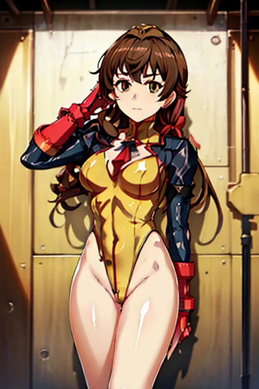 Masterpiece, Best Quality, Highly detailed, illustration, absurdres, street fighter, doll suit, shadaloo doll, agent aika, nazi saluting, military, military saluting, salute, 3girls, Team Squad, expressionless, blank eyes, looking at viewer, red gloves, emotionless, black latex, corrution, zofa suit, zofa soldier, mind control, female combatant, full body, hypnotized, standing, standing at attention, unhappy trance, full body suit, leotard, perfect female body, gold delmo uniform, red delmo uniform, extremely glossy latex, Delmo Uniform, belt, hypnosis, hypnoLora, empty eyes, Mind control device, perfect legs, Menjou Hare, guilty crown, brown hair, gold eyes