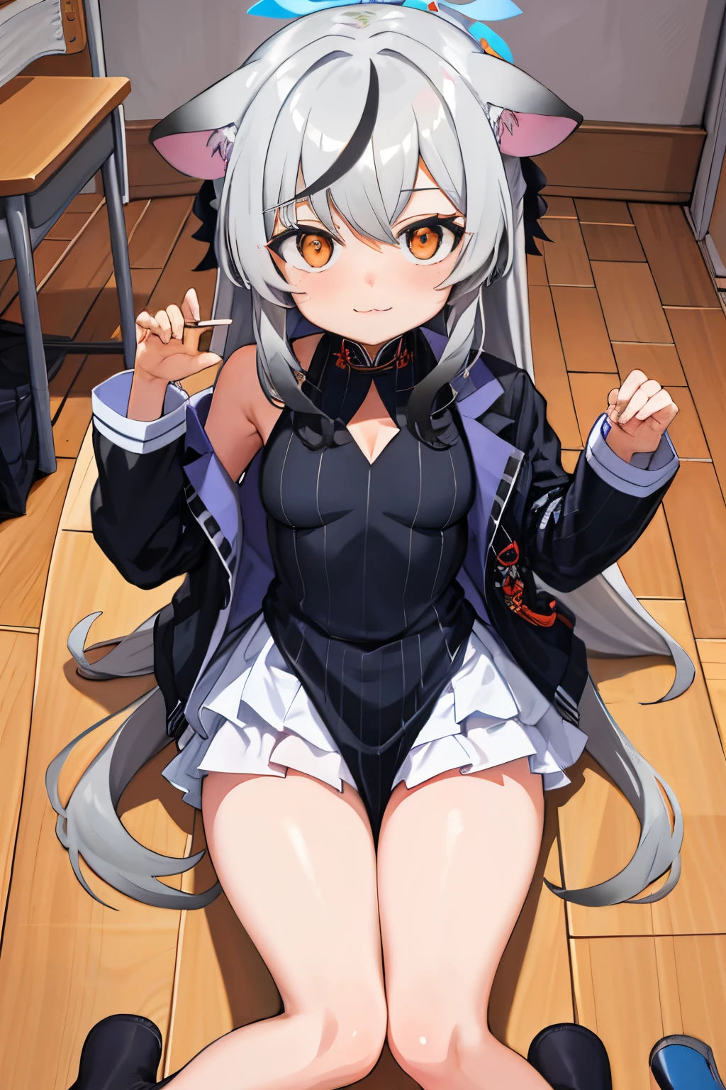 1girl in、独奏、​masterpiece、top-quality、Kashima OG、kashima\(kancolle\)、white  hair、blue eyess、hair wavy、Twin-tailed、tsurime eyes、beret、A smile、embarrassed from、red blush、Colossal tits、Black enamel、Bodysuits、highleg、Black enamel、thigh high boots、Squat on the floor、((Open your crotch wide from side to side:1.4))、((Opening legs))、((Show your crotch to the camera:1.4))、stares at the camera、Wooden corridor、((Open your mouth wide:1.4))、((With a transparent rod like male genitalia:1.4))、((Stick out your tongue and lick a transparent rod like male genitalia:1.4))、((Hold a transparent rod like male genitalia:1.4))