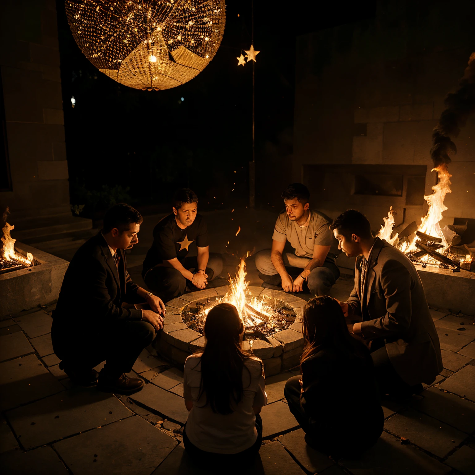 a group of people gathered around burning a star of david like a ritual