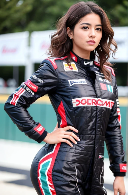 Uma mulher com um corpo normal com 35 anos, curly hair, Brown skin, Female F1 Driver, F1 Driver suit,  somente asfalto. reta de largada de pista de corrifda ao fundo, check flag line