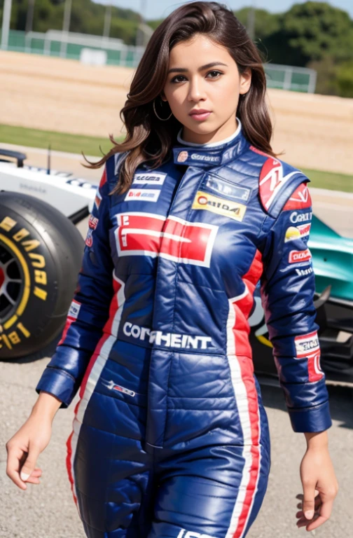 Uma mulher com um corpo normal com 35 anos, curly hair, Brown skin, Female F1 Driver, F1 Driver suit, somente asfalto. reta de largada de pista de corrifda ao fundo, check flag line