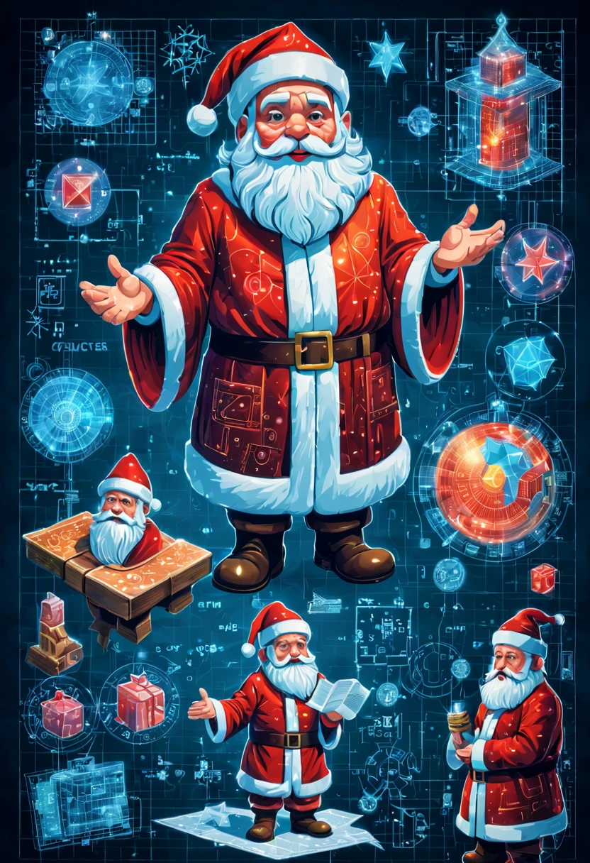 Saint Claus Hologram Schematics, linocute, mix media,collage, vector for t-shirt, mosaic effect, 3D, high resolution, 4k