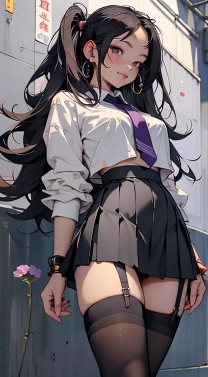 (black hair twin tail position、 (mesugaki、A detailed eye、二重まぶた、A slight smil、Open mouth and happy smile)、 (School Uniforms:1.3)、(black tight mini pleated skirt:1.3)、(Skirt lift:1.3)、(Sexy purple lingerie:1.3)、(Black garter belt:1.3)、(Black thigh socks:1.3)、 ((Smaller chest)) 、((Cameltoe:1.3)、(NSFW:1.3)、Curve、(Slim waist、big butts、Large Thigh)、(zettai ryouiki:1.3))、Lots of flowers background)、(５Fingered hand、Highly detailed facial and skin texture)、 (Super close-up looking up from below:1.2)、Focus on the crotch、(Walking:1.3))、((top-quality、8K,​masterpiece:1.3))、(Beautiful woman with perfect figure:1.4)、(Background of lots of blooming lavender:1.3)