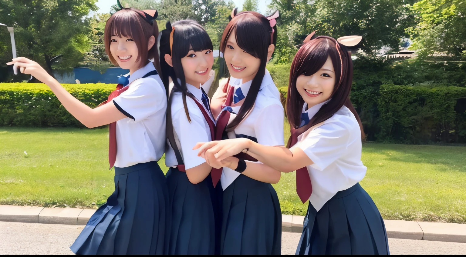 A group of beautiful and adorable Japanese supermodel cosplayers, in uniform、with a cute smile, Kick and bully a man with your slender beautiful legs.....。