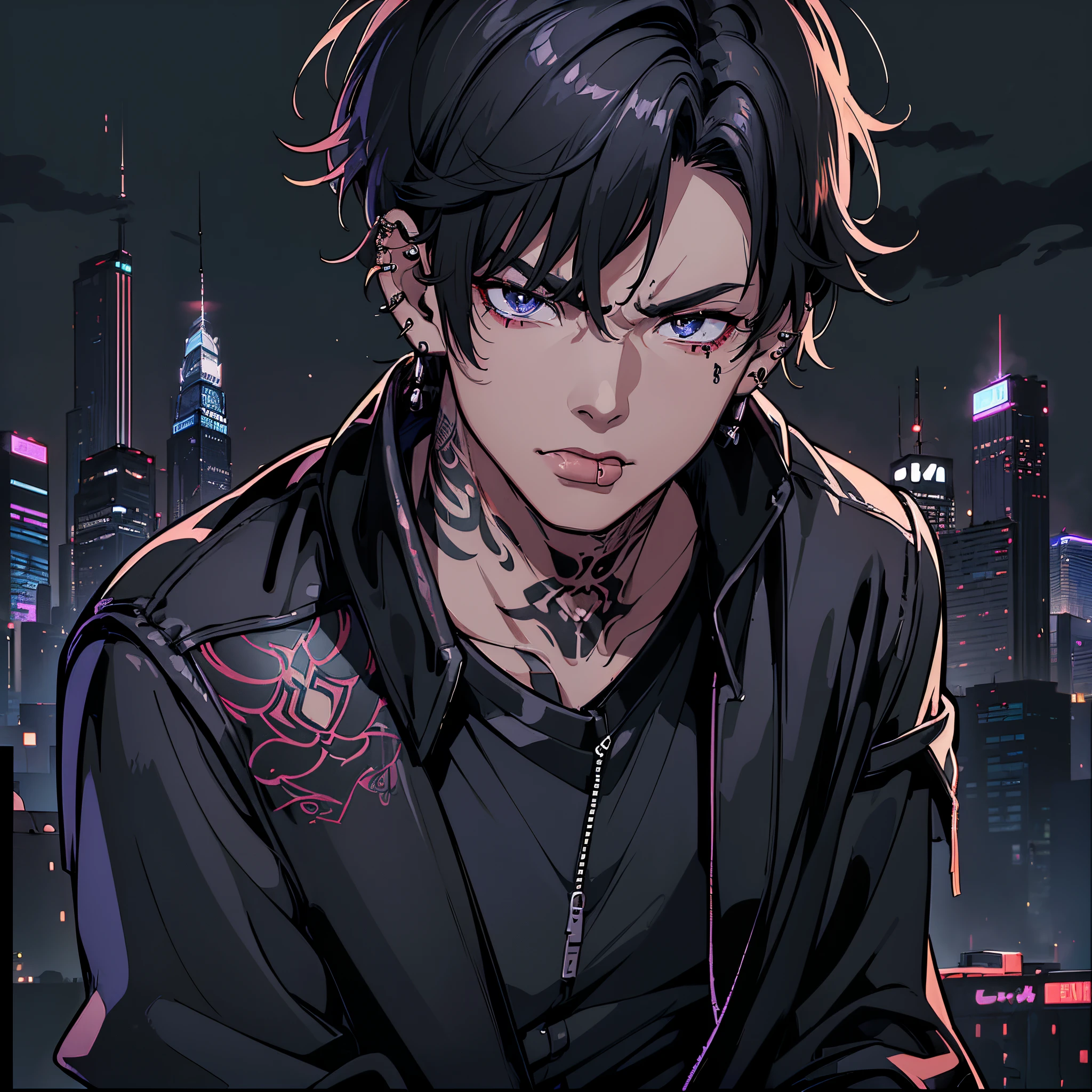(4K works))、masterpiece、(top-quality)、((Black cityscape background))、Korean Male、 male、(( 50 years old))、(( uncle type))、((Leather Jeans Style))、((Face similar to Hyunjin))、Cool Men、tall、((Wild features))、((Wild look))、((angry expressions))、((Long sleeve long trouser style))、((Smaller face))、Slim body、(((short-haired)))、((Shot alone))、((Solo Photography))、Professional Photos、((He in front of the viewer))、((Upper body photography))、((Wear a lot of piercings))、((Piercing on the lips))、((Tongue piercing))、((Sick Boyine Boys))、((Lots of tattooine photo))、((sassy pose))