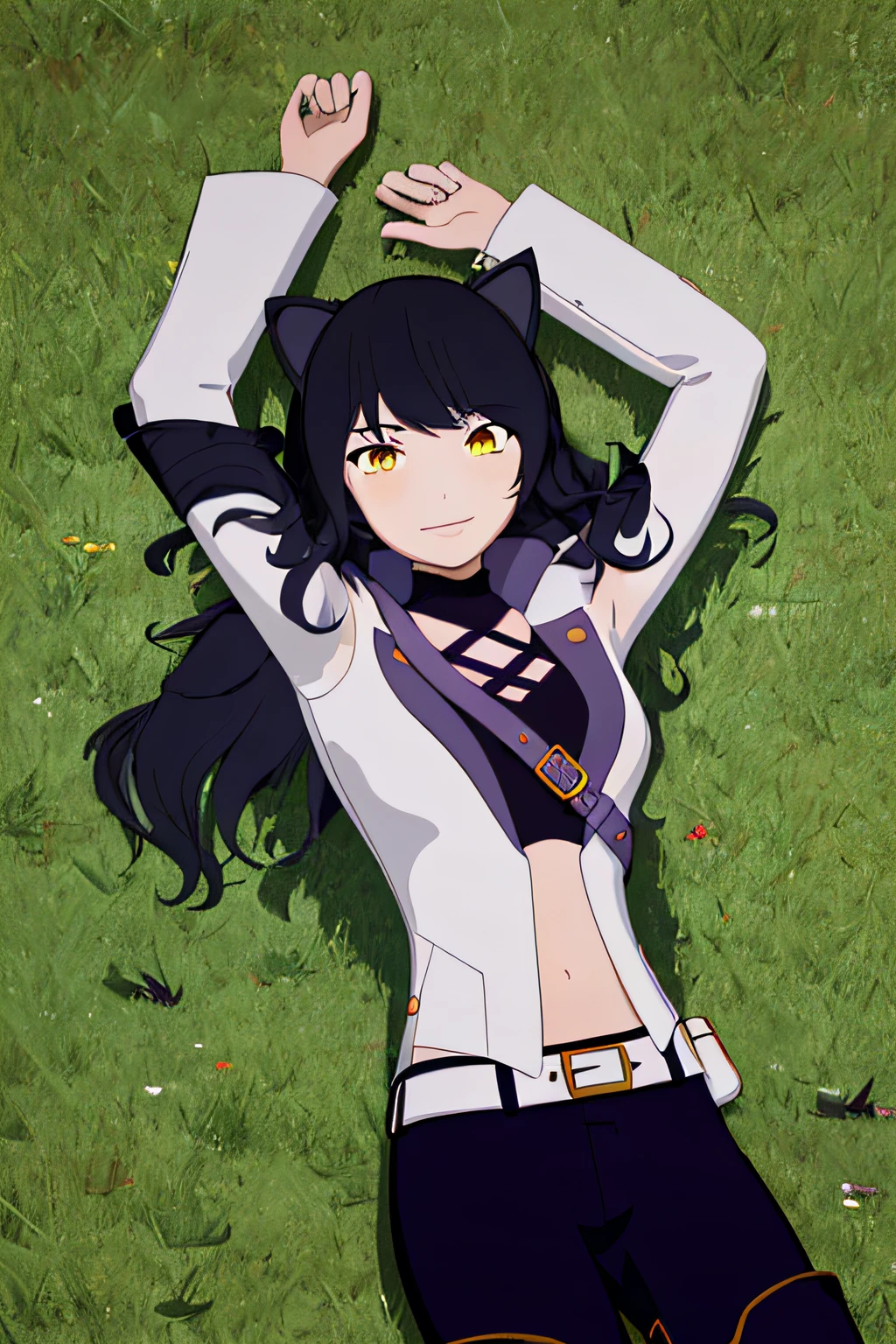 ((masterpiece,best quality)), 
Blake_RWBY,   1girl, solo, black hair, long hair, cat ears, animal ears, yellow eyes,
 belt, midriff, pants, jacket, 
solo, smiling, looking at viewer, solo, smile, cowboy shot, lying, on back, on grass, arms up, blue pants. closed mouth,
cinematic composition,