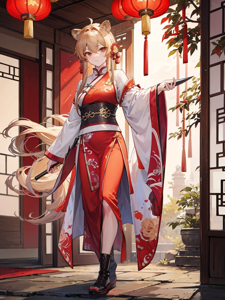 a lion,youkai,lion ears,wearing ancient Chinese costume,boots,With a large knife,Walk upright