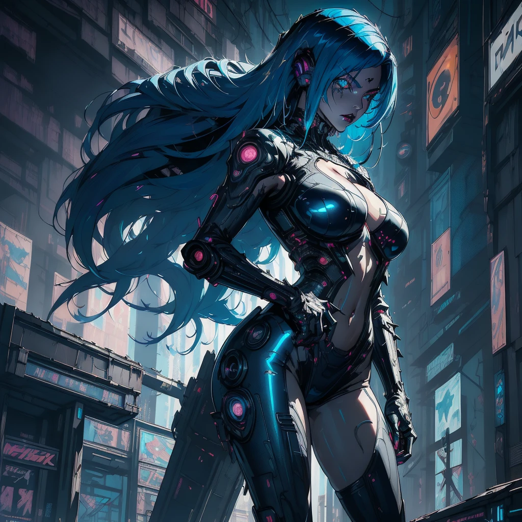 shiny eyes, looking at viewer, [:(detailed face:1.2):0.2], Jingyi with long hair, high res, 1girl, (:1.2), greek, Tongliya, (masterpiece:1.4),(best quality:1.4), 1girl, bangs, beach, naked, dark night sky, blush, breasts, cleavage, exposed nipples, curvy, day, small breasts, lips, long hair, looking at viewer, navel, parted lips, skindentation, solo, thick thighs, thighs, very long hair, realistic, (oily skin:1.2), good hand, highly detailed, (A highly-detailed digital painting of a fierce and futuristic cyberpunk woman, with slicked-back bright blue hair and glowing augmented eyes, standing in the street of a dystopian metropolis. She's dressed in a mix of high-tech armor and punk-inspired clothing, with multiple cybernetic enhancements visible on her arms and legs. Her expression sultry, enticing a male. The city surrounding her full of vibrant neon lights and flickering holographic advertisements, with towering buildings and flying cars adding to the chaotic and futuristic atmosphere. In the distance, a massive corporate headquarters looms, hinting at the power struggles and conflicts that define this world:2)