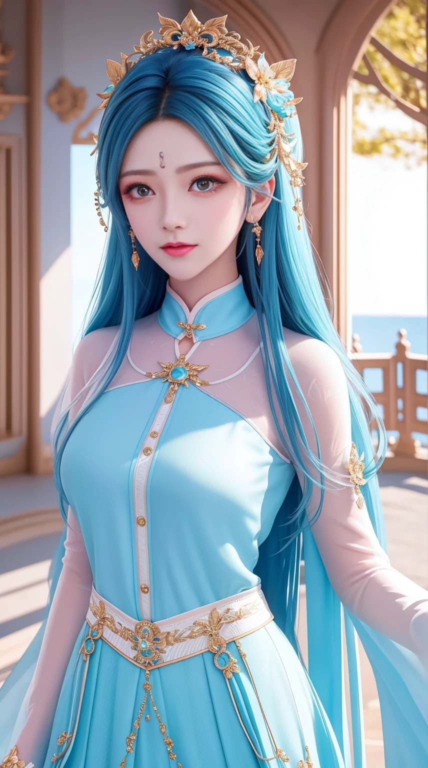 Arad woman in a blue dress,Stand by the windowsill, 可爱的Anime Girl, 8k high quality detailed art, Barbie Doll, Extremely detailed Artgerm, Anime Girl, Flowing Magic Robe, Beautiful and attractive anime woman, garden