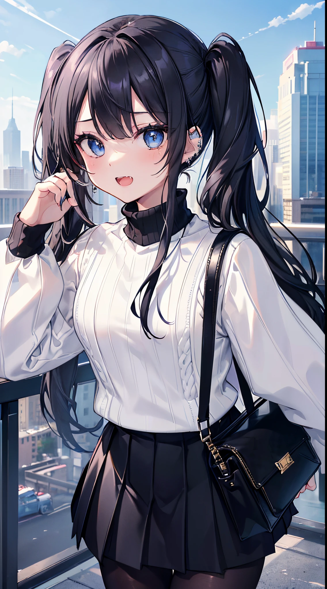 (8K、Top image quality、top-quality、masterpiece)、A detailed face、1 girl in、Black hair twintails、blue eyess、piercings、Show your fangs and laugh、Smaller chest、((White turtleneck sweater))、long-sleeve、((black micro mini pleated skirt))、((black pantyhose))、Black shoulder bag、cowboy shot、City background