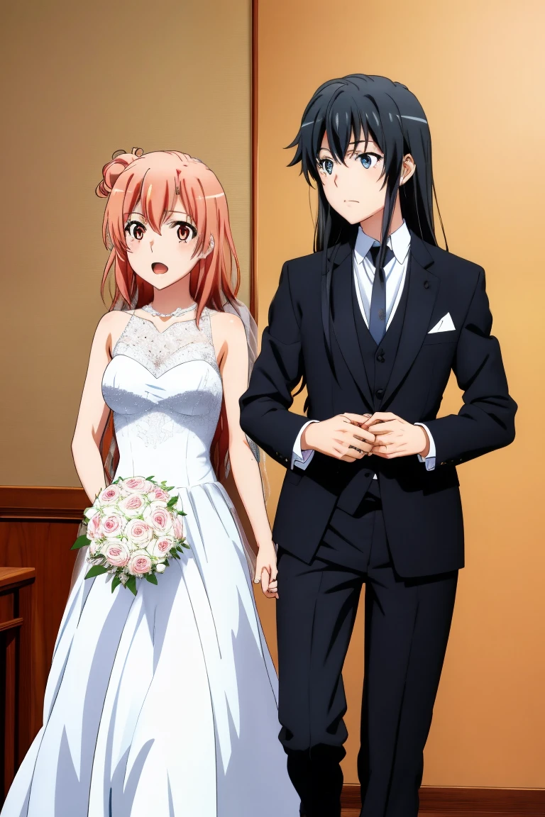 2girls , Yukinoshita Yukino, Yuigahama Yui, Yukino in tuxedo, Yukinoshita holds her wife Yuigahama Yui in wedding Dress