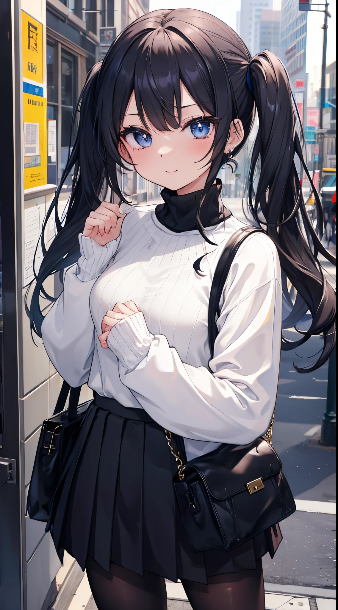 (8K、Top image quality、top-quality、masterpiece)、A detailed face、1 girl in、Black hair long twin tails、blue eyess、piercings、Show your fangs and laugh、Smaller chest、((White turtleneck sweater))、long-sleeve、((black micro mini pleated skirt))、((black pantyhose))、Black shoulder bag、cowboy shot、City background