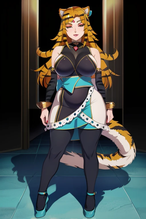 Nara Haramaung - nijisanji, 1girl, (((bimbo))), ember eyes, detailed eyes, long hair, animal ears, tail, orange hair, animal print, tiger ears, tiger print, tiger tail, tiger girl, black pantyhose, makeup, eyeshadow, forehead jewel, red eyeshadow, forehead jewel, red eyeshadow, (((bimbo))), thin lips, painted lips, shy smile face, pregnant belly, big belly, wide hips, thick thighs, huge round ass, enormous natural breasts, shiny oily breasts,  forehead jewel, dress, pantyhose, detached sleeves, black pantyhose, cyan high heels, full body, department store, nsfw