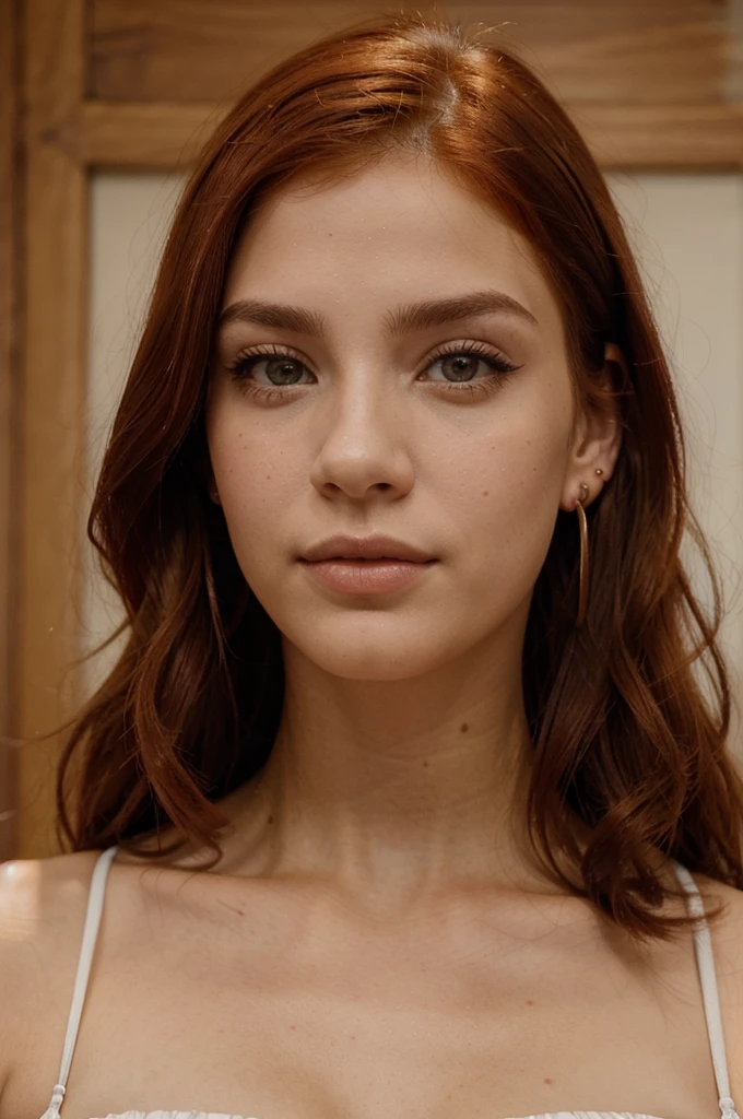 There is a red-haired woman with big earrings looking at the camera., con ojos cafe claro, usar aretes ornamentados, Joven pelirroja, Retrato Sophie Mudd, Cara sonriente de modelo, Cabello rojo y rasgos atractivos, una joven pelirroja, Pendientes enormes y maquillaje queer, Mujer pelirroja, Cara de cerca, con mejillas redondas, Rostro de mujer joven, pendientes largos