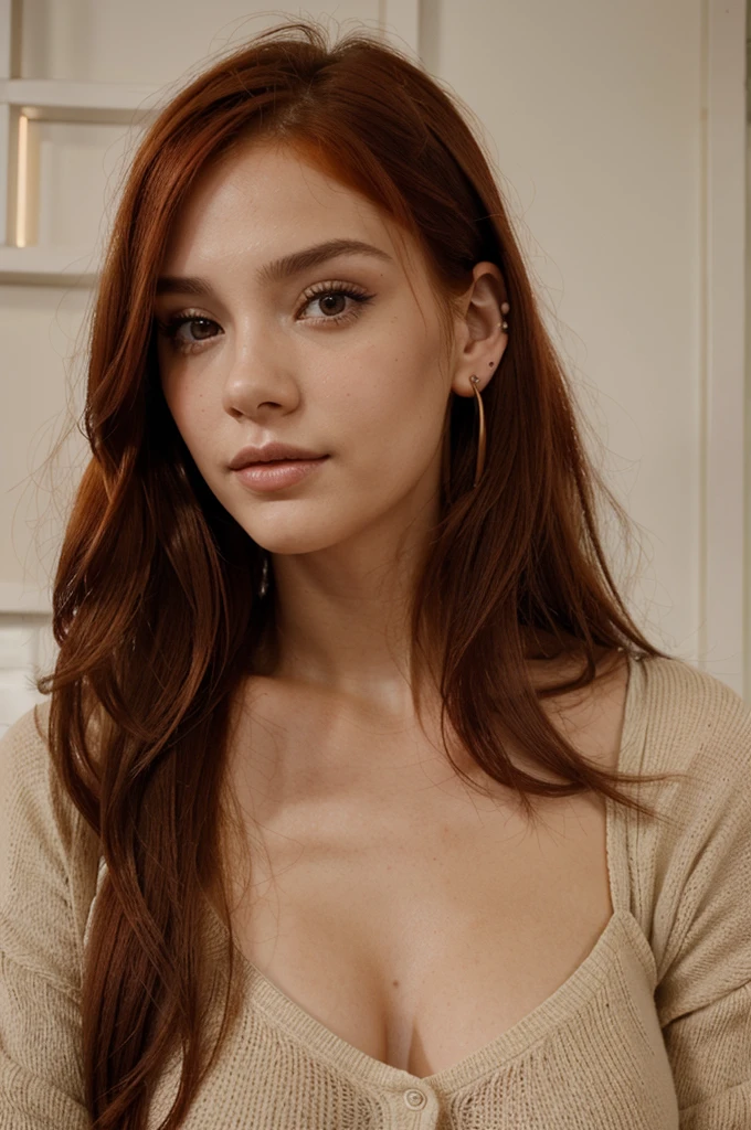 There is a red-haired woman with big earrings looking at the camera., con ojos cafe claro, usar aretes ornamentados, Joven pelirroja, Retrato Sophie Mudd, Cara sonriente de modelo, Cabello rojo y rasgos atractivos, una joven pelirroja, Pendientes enormes y maquillaje queer, Mujer pelirroja, Cara de cerca, con mejillas redondas, Rostro de mujer joven, pendientes largos