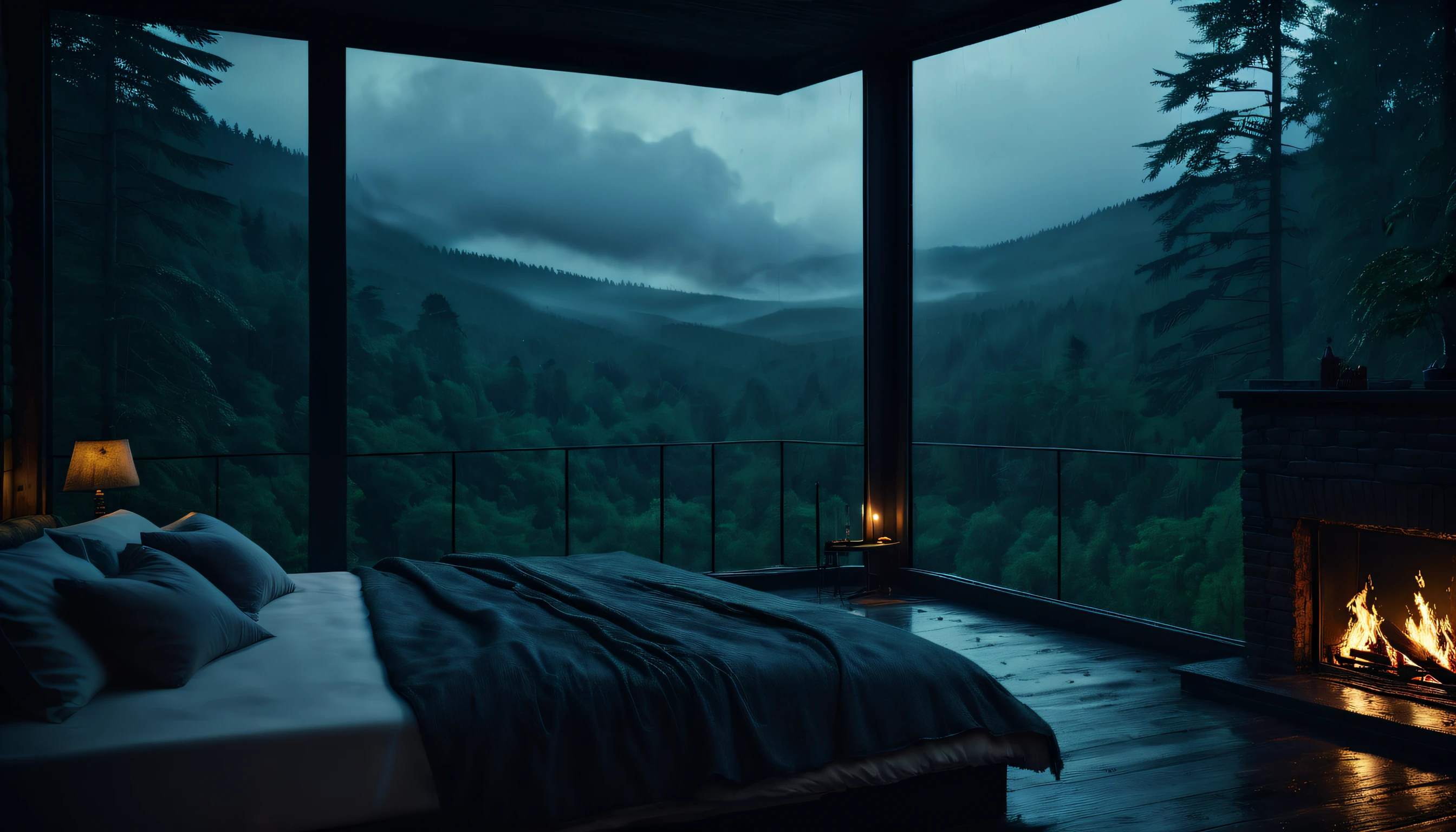 Bedroom view with fire in the fireplace in the room, large windows overlooking the forest, quiet night. original image, rainy day. original rendering, rainy night, gloomy cinematic lighting, atmosphere, moody scenes, dramatic lighting. cinematic, cinematic, atmospheric shots, gloomy weather. hyperrealistic, atmospheric rendering, rainy night, huge forest, cinematic, 4k, ultra hd, atmospheric and gritty details, beautiful and cinematic lighting, rainforest