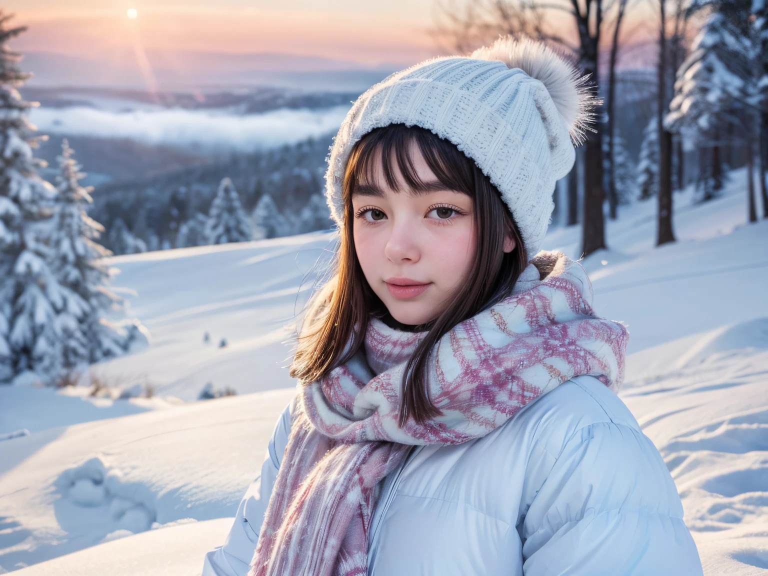 "(best quality,4k,8k,highres,masterpiece:1.2),ultra-detailed,winter wonderland,sparkling snow,icy landscape,glistening frost,majestic snow-covered trees,frozen lake glimmering in the moonlight,serene and peaceful atmosphere,fairy-tale-like scenery,soft snowflakes falling gently from the sky,crisp and cold air,cozy cabins nestled among the trees,children building snowmen and sledding down the hills,smoke rising from chimneys,imprints of animal tracks in the snow,icy crystals forming delicate patterns on branches,sunlight bouncing off the snow,creating a dazzling effect,subtle hues of blue,pink and purple in the sky as the sun sets,every detail captured in the artwork,portrait-like capture of a person bundled up in warm winter clothes,their breath visible in the cold air,with rosy cheeks and eyes full of wonder and joy,celebrating the beauty of winter through the art of painting,blending realistic and dream-like elements,bringing the viewer into a magical winter realm."