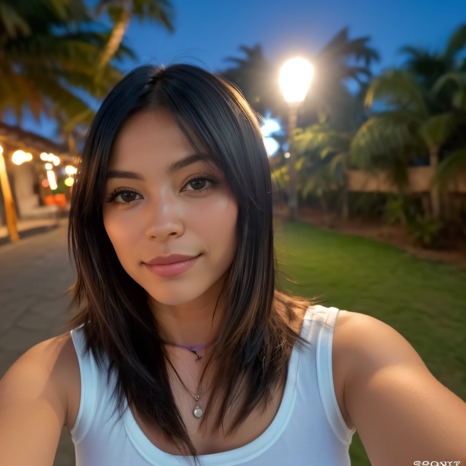 (Selfie, Vista superior: 1.4), (mitad recta del cuerpo: 1.4), RAW UHD portrait photo of a 27 year old Japanese brunette, cabello negro largo con ondas (Camiseta de ojos verde azulado!) Caminando por la playa, Palmeras, (falda), (escote), Detalles (Texturas! , cabello! , brillar, Color!! , Desventajas: 1.1), ojos brillantes con alto detalle (Looking at the camera), SLR lighting, mirrorless camera, Ultra calidad, agudeza, Profundidad de campo, Film grain (centro), (Sony A7R:1.5), (61 megapixels), Cristalina, Centro del marco, Cara hermosa, foco nítido, farola, Neon lighting, Bokeh (Poca luz), Noche, (cielo nocturno), poros detallados de la piel, piel grasa, quemadura, Detalles oculares complejos, cuerpo completo, senos grandes, (labios sexys:1.1)