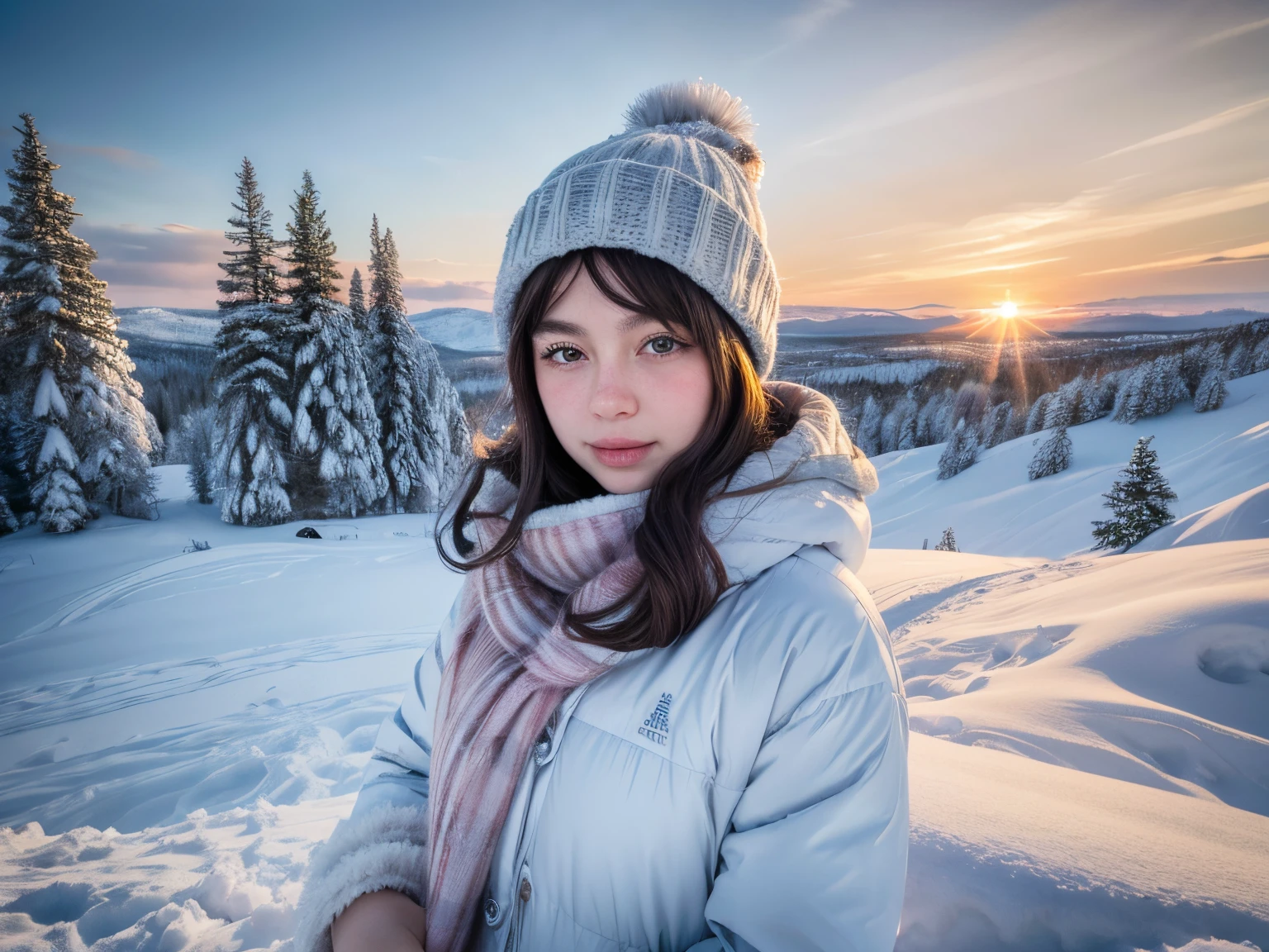 "(best quality,4k,8k,highres,masterpiece:1.2),ultra-detailed,winter wonderland,sparkling snow,icy landscape,glistening frost,majestic snow-covered trees,frozen lake glimmering in the moonlight,serene and peaceful atmosphere,fairy-tale-like scenery,soft snowflakes falling gently from the sky,crisp and cold air,cozy cabins nestled among the trees,children building snowmen and sledding down the hills,smoke rising from chimneys,imprints of animal tracks in the snow,icy crystals forming delicate patterns on branches,sunlight bouncing off the snow,creating a dazzling effect,subtle hues of blue,pink and purple in the sky as the sun sets,every detail captured in the artwork,portrait-like capture of a person bundled up in warm winter clothes,their breath visible in the cold air,with rosy cheeks and eyes full of wonder and joy,celebrating the beauty of winter through the art of painting,blending realistic and dream-like elements,bringing the viewer into a magical winter realm."