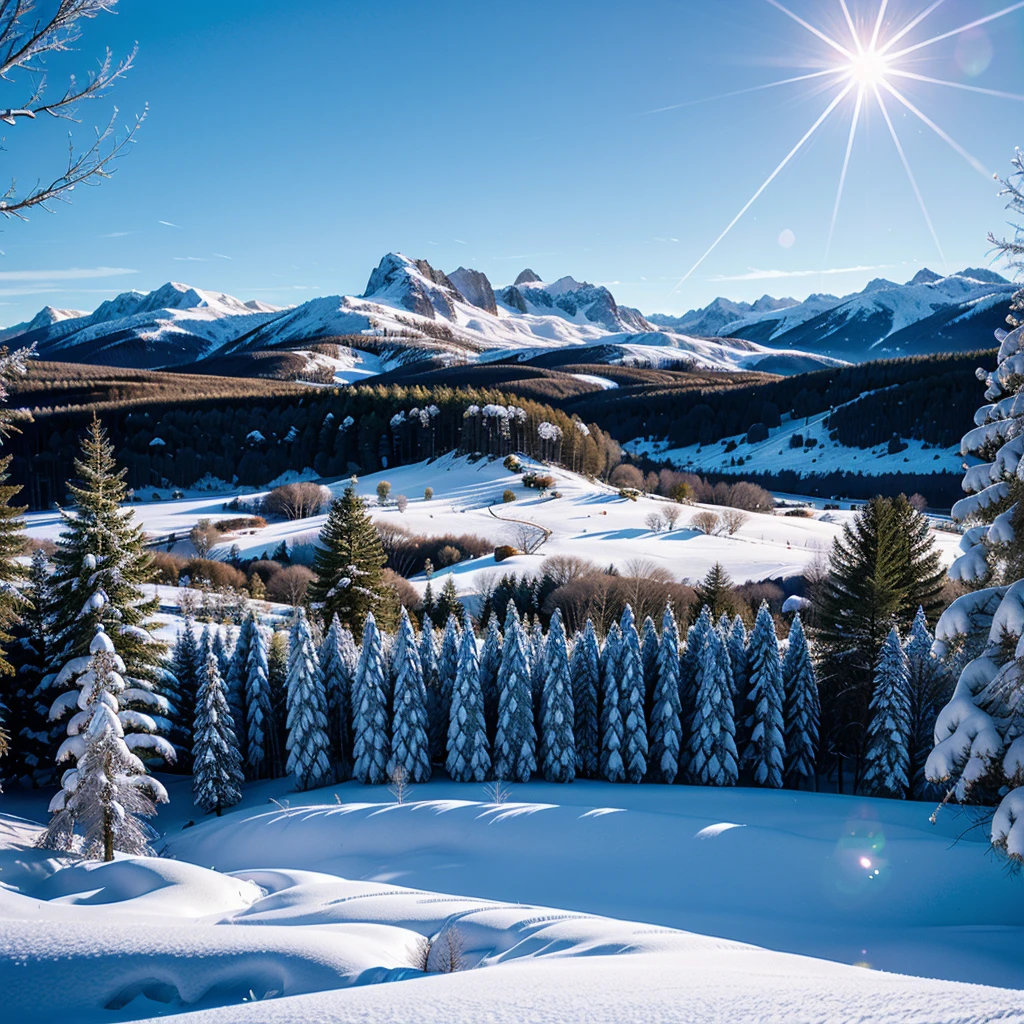 (a winter wonderland, snowy landscape, ultradetailed, realistic, cold color tone, soft lighting), snow-covered trees, sparkling ice crystals, misty breath in the air, delicate snowflakes falling, frozen lake, cozy cabin with smoke coming out of the chimney, warm glow from the windows, fresh footprints in the snow, snow-capped mountains in the distance, icicles hanging from the branches, serene and peaceful ambiance, subtle shades of blue and white, soft shadows cast by the moonlight, crisp and clean air, sense of tranquility and wonder.