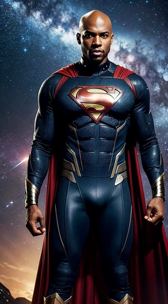 handsome black man with no hair wearing a superhero costume  in a sci fi location with the stars and galaxy behind him