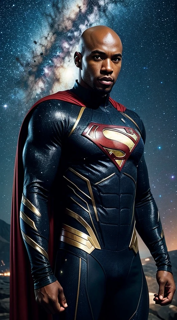 handsome black man with no hair wearing a superhero costume in a sci fi location with the stars and galaxy behind him