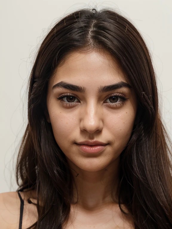 Imagine A girl, Named fatemeh, 25 years and 7 months and 21 days old/ mixture of Phoenician, Greek, Armenian, and Arab/almond eyes, brown eyes,    mesh hair,thick hair, ponytail/ bow-shaped lips, uptruned Nose, square jawline, narrow forehead, Protruding chin, high-arch eyebrows, black eyebrows , thick eyebrows/168 centimeters height, 61 kilograms weight,tanned body/ small mole on left eyebrow، small mole on the corner of the lower left lip, straight white blond wavy hair،A small amount of acne on the cheek، Cheek dimple, chin dimple/ , RAW PHOTO, hyperrealistic, ideal face template, Fujifilm X-T3, 1/1sec at f/2.8, ISO 160, 84mm, smile,Hair comb and hair straightener