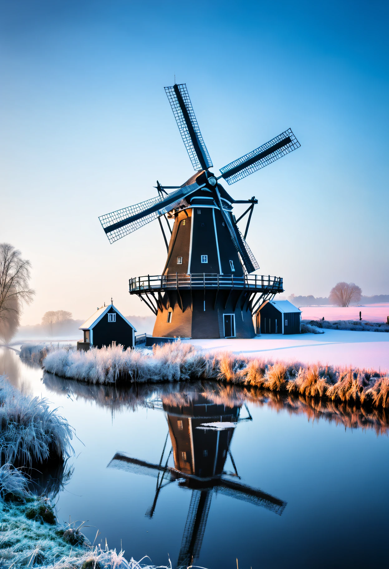 A large windmill in the Netherlands  covered in frost, Windmill by the river covered with frost, in romantic style: dramatic scenery, Vermeer Pictures, knowledge sharing attribution, Solomon van Ruisdal, Colorful, coastal scenery, light black and sky blue,windmill in winter, In the style of charming scenery, Dutch landscape, in an environmentally conscious manner, light black and sky blue, Adventure core, Flick, light magenta and brown, historical romanticism