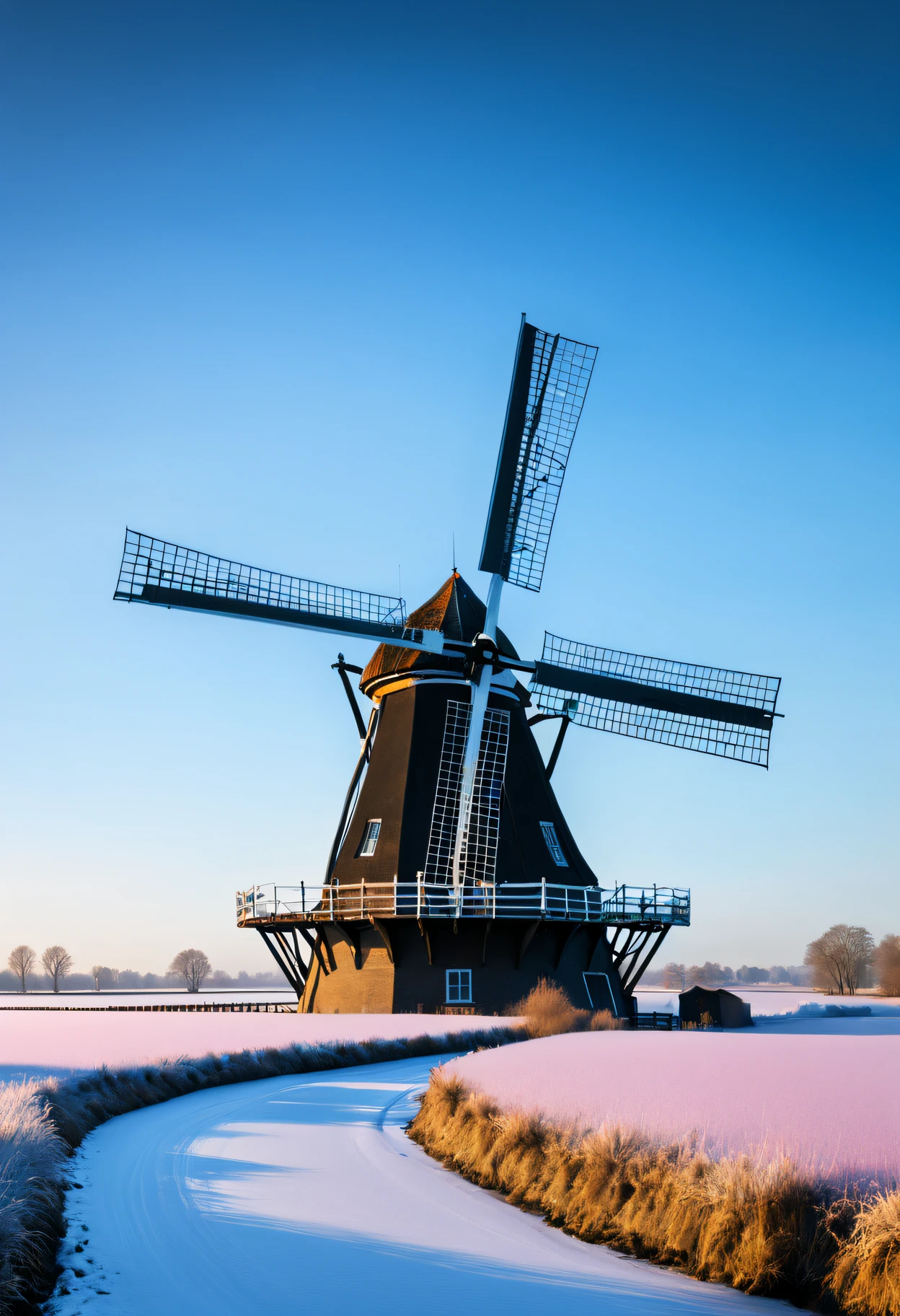 A large windmill in the Netherlands  covered in frost, Windmill by the river covered with frost, in romantic style: dramatic scenery, Vermeer Pictures, knowledge sharing attribution, Solomon van Ruisdal, Colorful, coastal scenery, light black and sky blue,windmill in winter, In the style of charming scenery, Dutch landscape, in an environmentally conscious manner, light black and sky blue, Adventure core, Flick, light magenta and brown, historical romanticism