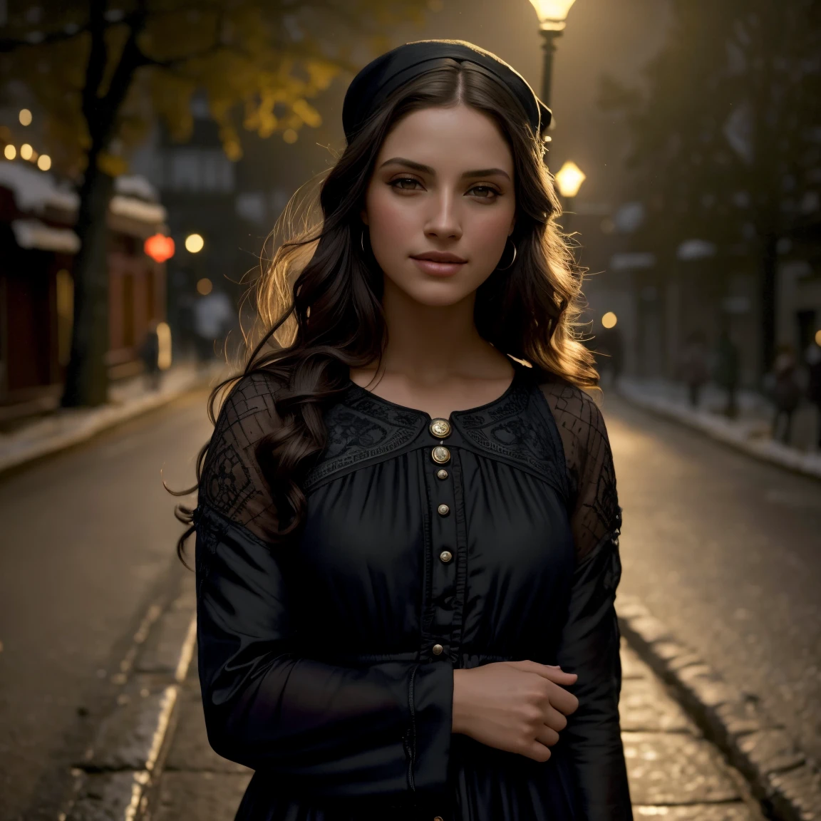 (foco nítido:1.2), Foto, joven y atractiva KariDulcecara hermosa:1.1), ojos detallados, labios deliciosos, (maquillaje de ojos de gato:0.85), (They are smiling:1.2), Vistiendo (vestido:1.2) en un (Calle nocturna:1.2). (moody lighting:1.2), Profundidad de campo, Bokeh, 4k, HDR. por (James C. Christensen:1.2|Jeremy Lipking:1.1).