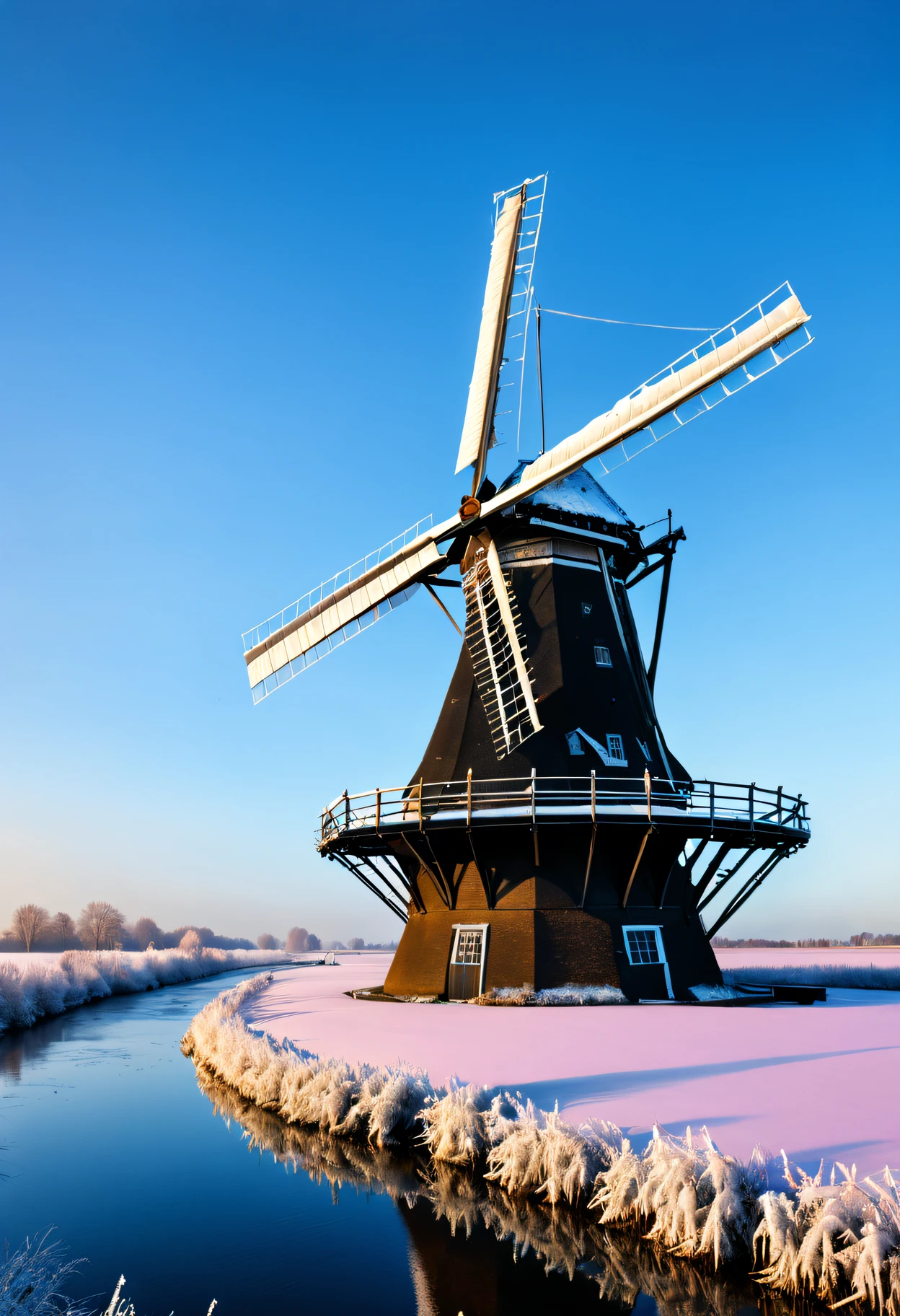A large windmill in the Netherlands  covered in frost, Windmill by the river covered with frost, in romantic style: dramatic scenery, Vermeer Pictures, knowledge sharing attribution, Solomon van Ruisdal, Colorful, coastal scenery, light black and sky blue,windmill in winter, In the style of charming scenery, Dutch landscape, in an environmentally conscious manner, light black and sky blue, Adventure core, Flick, light magenta and brown, historical romanticism