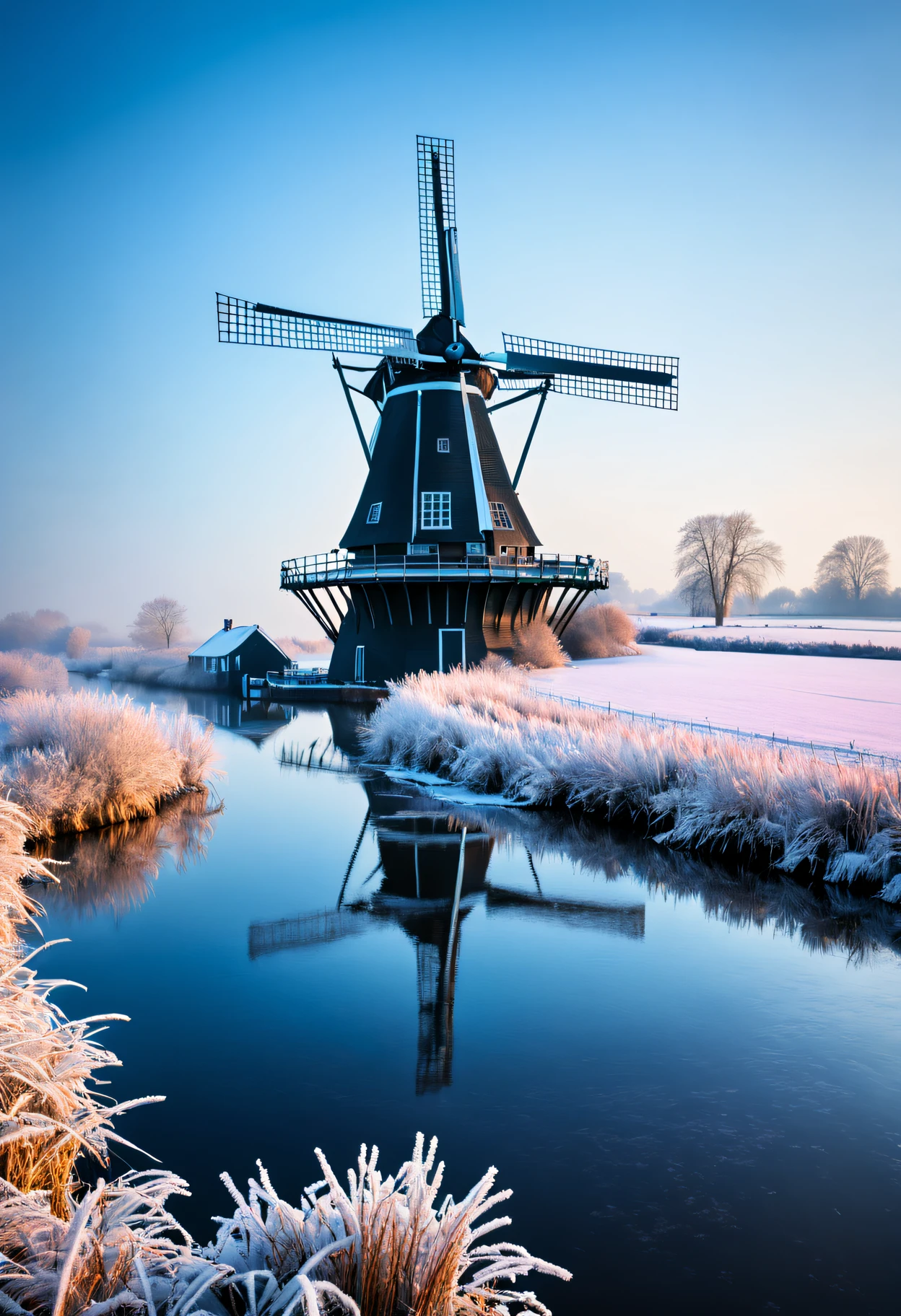 A large windmill in the Netherlands  covered in frost, Windmill by the river covered with frost, in romantic style: dramatic scenery, Vermeer Pictures, knowledge sharing attribution, Solomon van Ruisdal, Colorful, coastal scenery, light black and sky blue,windmill in winter, In the style of charming scenery, Dutch landscape, in an environmentally conscious manner, light black and sky blue, Adventure core, Flick, light magenta and brown, historical romanticism