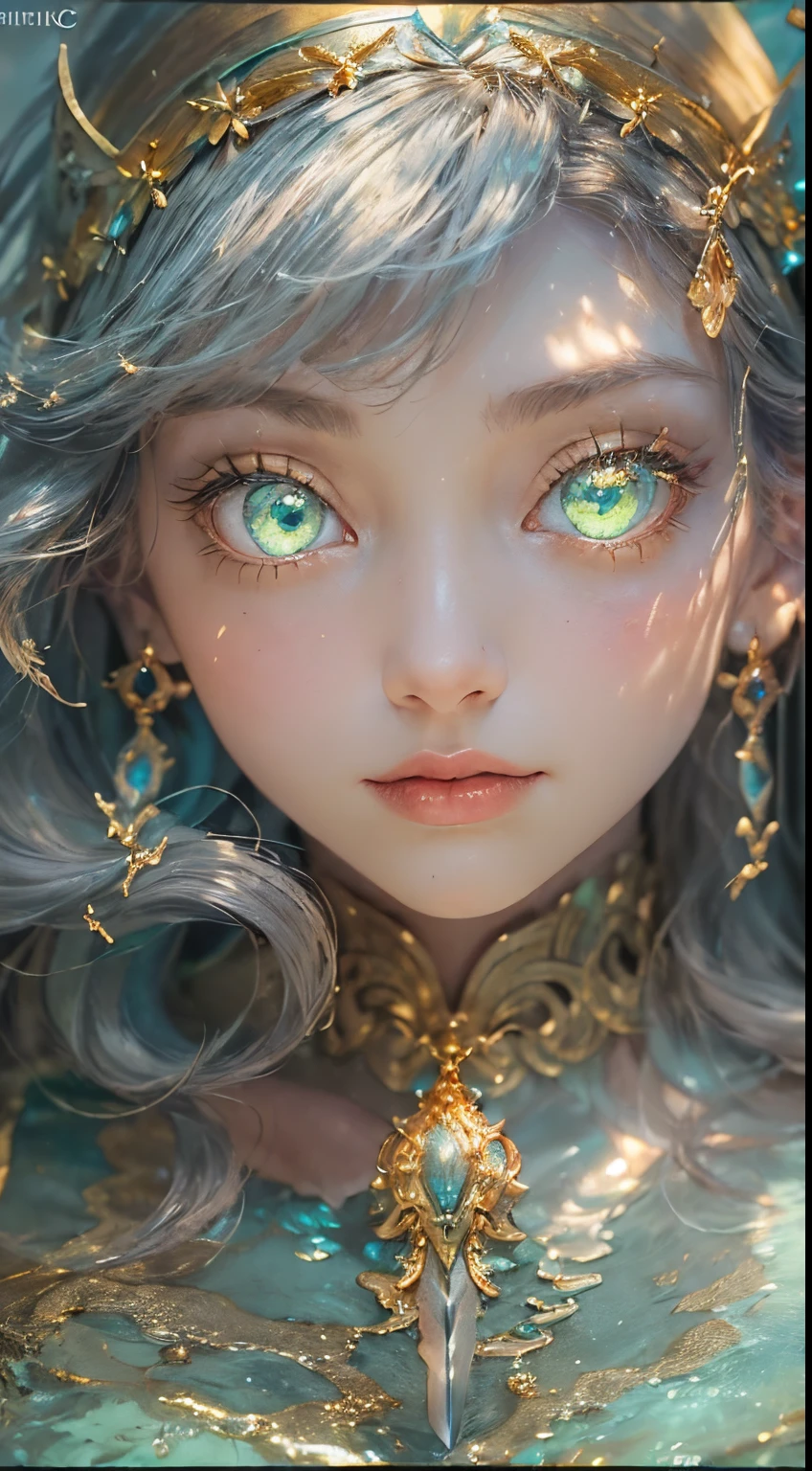 ((sword in hand:1.8)), (award-winning masterpiece, with incredible detail, textures and maximum detail), (full body view:1.6), (hyper realistic:1.4), (realistic:1.3), (upper body close-up:0.4), (many gold and silver treasures are sunken: 1.8), ( Top Quality Real Texture Skin), (((Underwater))), (Deep Sea: 1.5), (Dark Sea at Night: 1.6)), (Detailed True Circle Symmetrical Eye-Catching Exquisite Face, ((Medieval World)), (Full Length View: 1.6)), ((Mermaid)), ((Mermaid Prince Mermaid Noble)), (Eyes Burning Brightly Like Flames ), (she smiles mischievously), (sunken ship with treasures:1.4), (sunken temple on coral reef), (sunken temple, sunken cathedral, sunken temple ruins, sunken detached temple, sunken ruins of ancient castle, shining majestic water and light, coral reef, (eyes glowing golden in the dark:1.5), (eyes with a strong inner (strong golden light from within:1.5), (bioluminescence:1.5), (full body view:1.6), (swirling water currents and currents in background), (dramatic light), (magnificent scene), (her expression is gentle and beautiful), glass earrings in ears, (dramatic photo:1.4), (( dramatic pose))), (gorgeous photograph), (golden hair), (silver hair), (chestnut hair), ((examining)), ((looking down)), (elaborately crafted necklace around her neck), (bioluminescent with brilliant sparkle:1.3), (flashy Hydromagic: 1.2), (beautiful fish in surrounding area), (luminous magic circle: 1.5), (full body view: 1.6), epic realistic, faded, art book, (Greg Rutkowski: 0.8), (teal and orange: 0.4), (art station: 1.5), cinematic ((neutral hues)), (ticker:1.5), (muted colors:1.2), hyperdetailed, dramatic light, (elaborate detail:1.1), complex background, (muted colors:1.2)