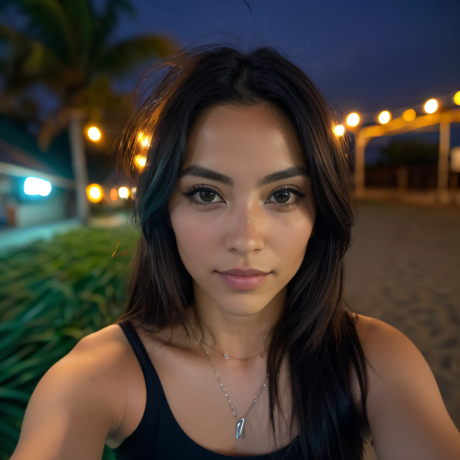 (Selfie, Vista superior: 1.4), (mitad recta del cuerpo: 1.4), RAW UHD portrait photo of a 27 year old Japanese brunette, cabello negro largo con ondas (Camiseta de ojos verde azulado!) Caminando por la playa, Palmeras, (falda), (escote), Detalles (Texturas! , cabello! , brillar, Color!! , Desventajas: 1.1), ojos brillantes con alto detalle (Looking at the camera), SLR lighting, mirrorless camera, Ultra calidad, agudeza, Profundidad de campo, Film grain (centro), (Sony A7R:1.5), (61 megapixels), Cristalina, Centro del marco, Cara hermosa, foco nítido, farola, Neon lighting, Bokeh (Poca luz), Noche, (cielo nocturno), poros detallados de la piel, piel grasa, quemadura, Detalles oculares complejos, cuerpo completo, senos grandes, (labios sexys:1.1)