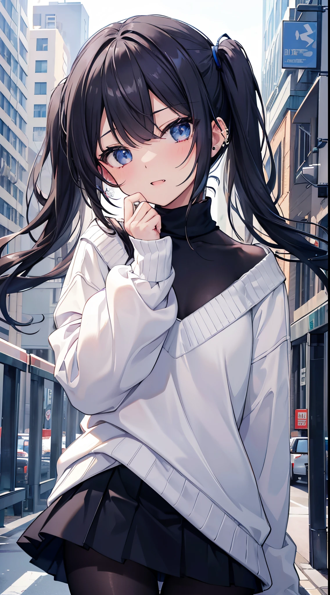 (8K、Top image quality、top-quality、masterpiece)、A detailed face、1 girl in、Black hair long twin tails、blue eyess、piercings、Show your fangs and laugh、Smaller chest、((White turtleneck sweater))、long-sleeve、((black micro mini pleated skirt))、((black pantyhose))、((skirt lift))、((white panties))、cowboy shot、City background