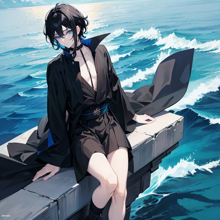 Anime style, anime art, man, male, short curly black hair, colored line art, pale skin, masculine features, colored line art, leaning over ledge, looking into ocean, calm face, beautiful line art, long flowing dark blue and black clothes, blue eyes, smile, colored line art, one person, boy